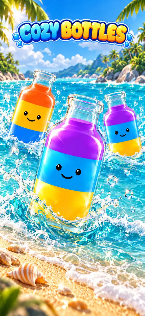 Cozy Bottles artwork: smiling colourful bottles splashing in a sunny tropical sea