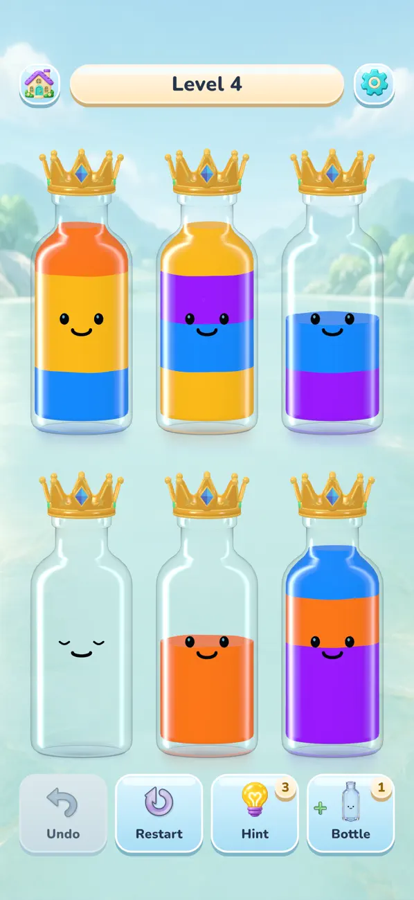 In-game colour-sorting puzzle with crowns